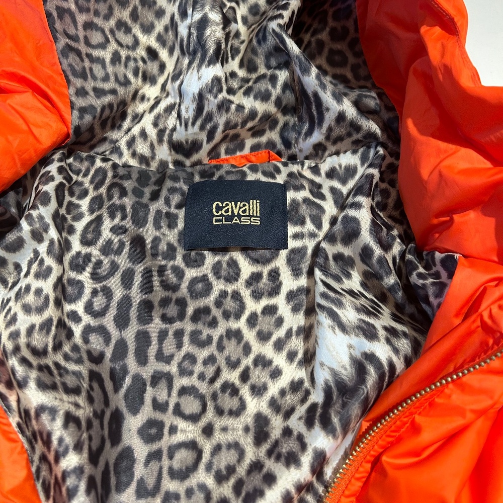 CAVALLI CLASS Woman's Orange Puff Bomber Jacket with hood, Animal Print lining